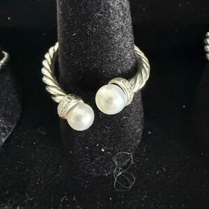 David Yurman pearl with diamonds twist adjustable ring fits up to 8 authentic
